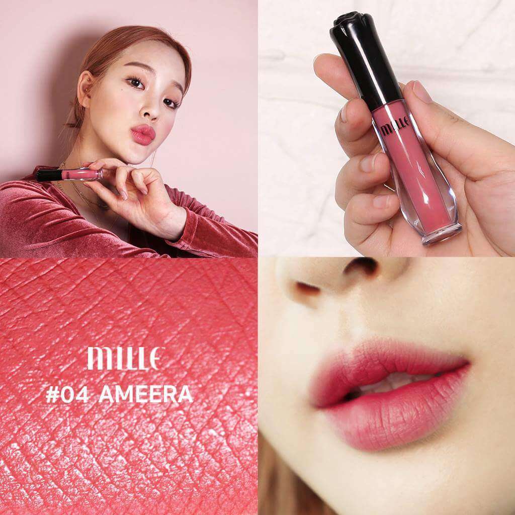 Mille Satin Matte Liquid Lip #04 Ameera 1. 7 g ลิปสติกเนื้อแมตท์ ผิวสัมผัสเรียบเนียนดุจกำมะหยี่ นุ่มลื่นทาง่าย ให้สีสันสวยเจิดจรัสยาวนานตลอดวัน